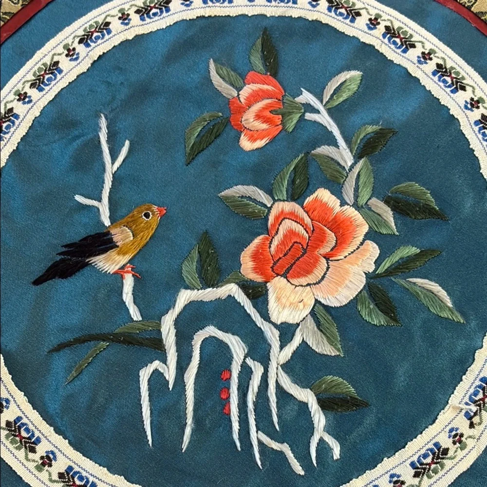 Vintage Chinese Silk Placemat with Floral Bird Embroidered Center - Brocade